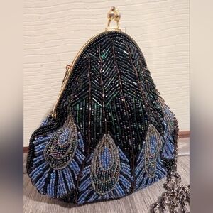 Vintage Beaded Peacock Feathers Handbag